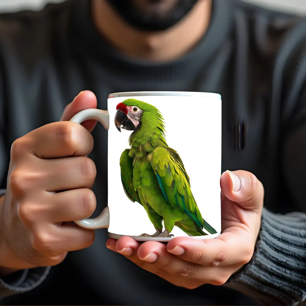 Green Military Macaw Parrot White Background – Mugs