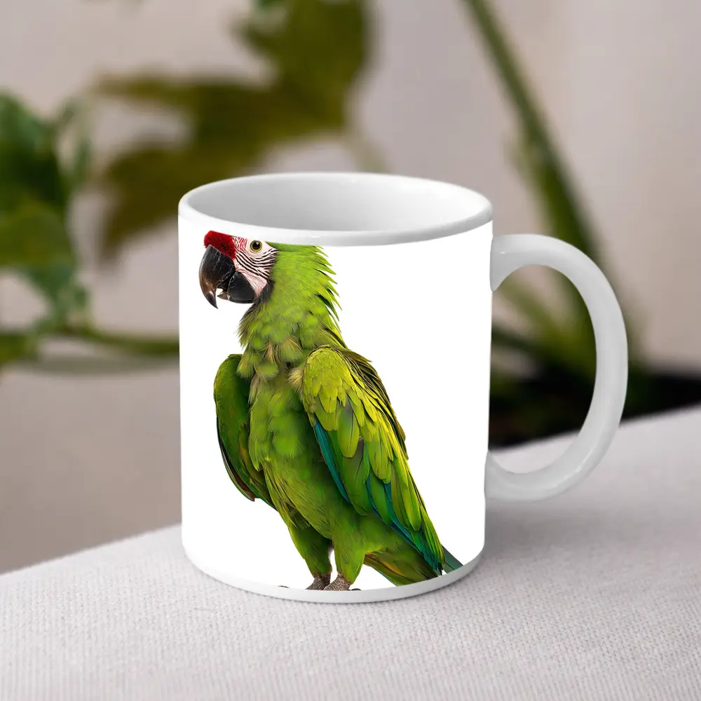 Green Military Macaw Parrot White Background – Mugs