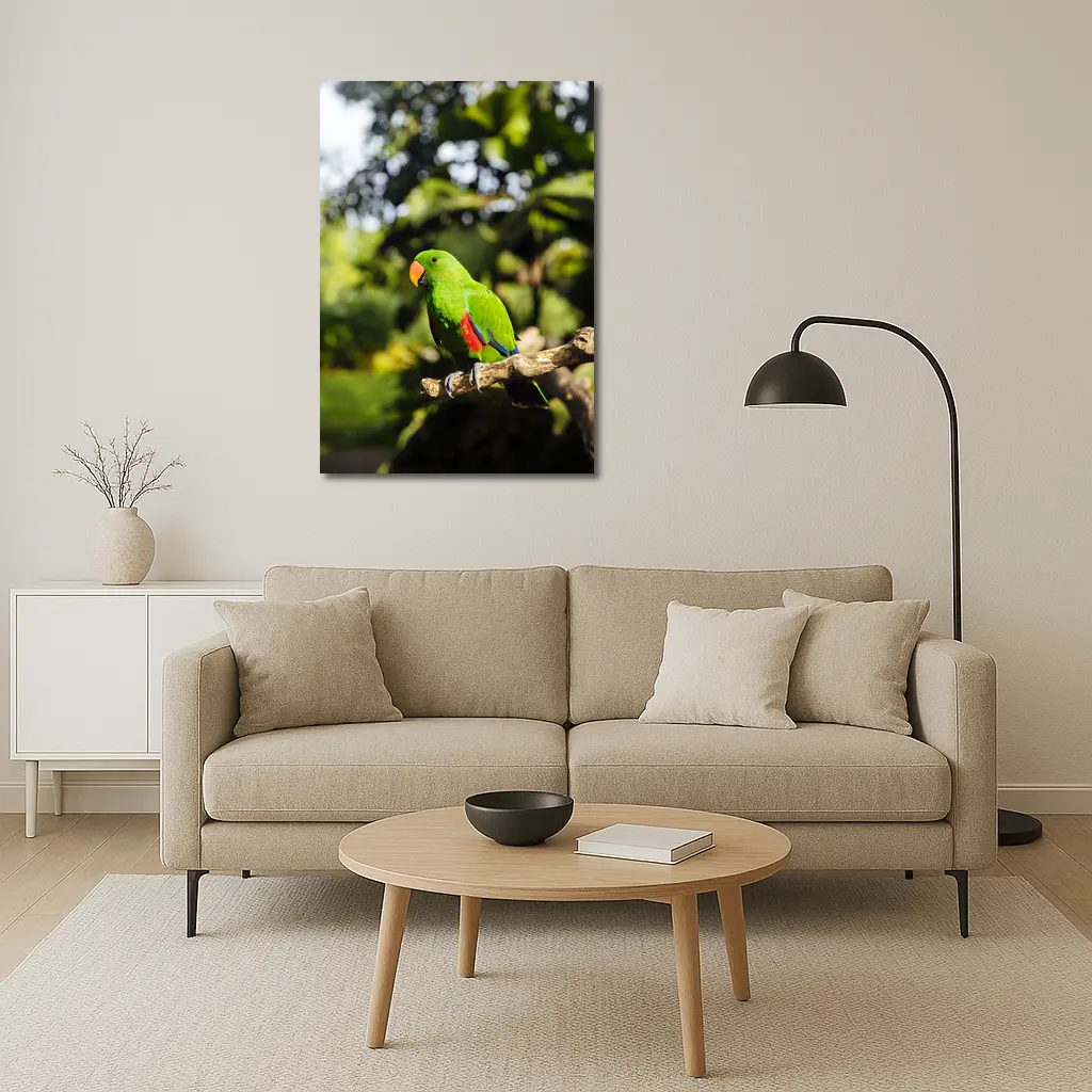 Green Eclectus Parrot Perched on Branch – Wall Art