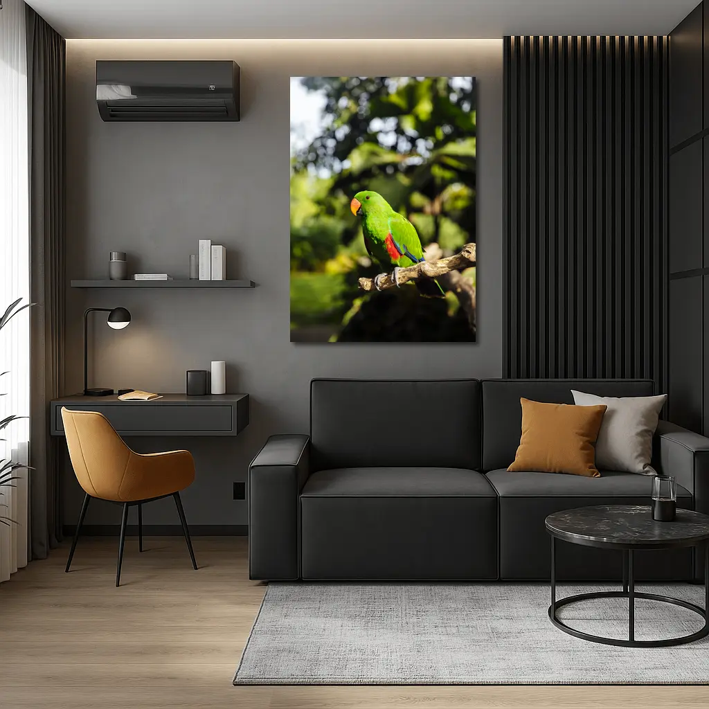 Green Eclectus Parrot Perched on Branch – Wall Art