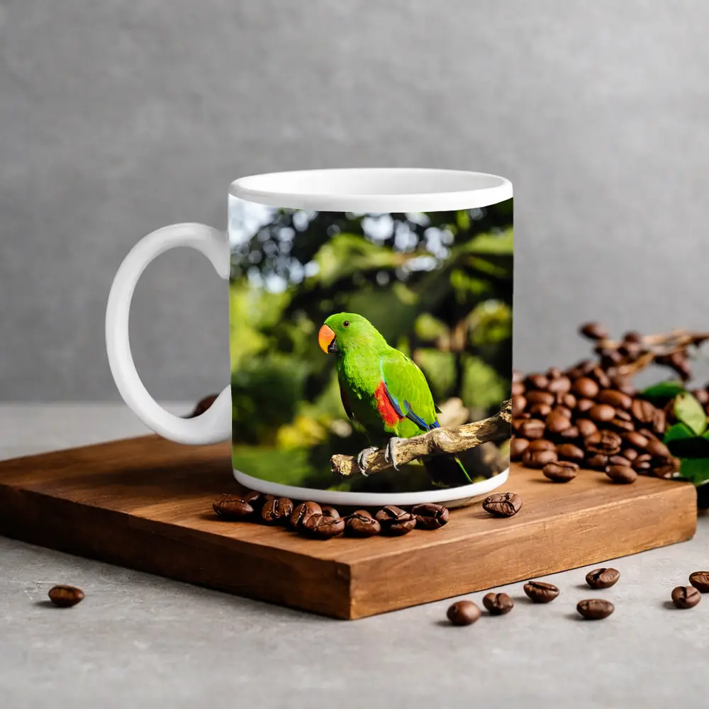 Green Eclectus Parrot Perched on Branch – Mugs