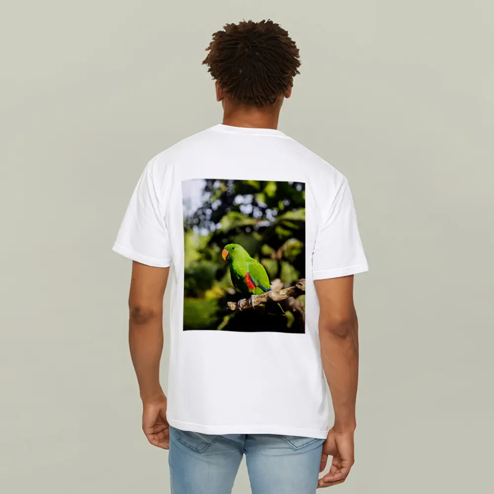 Green Eclectus Parrot Perched on Branch – T-Shirts