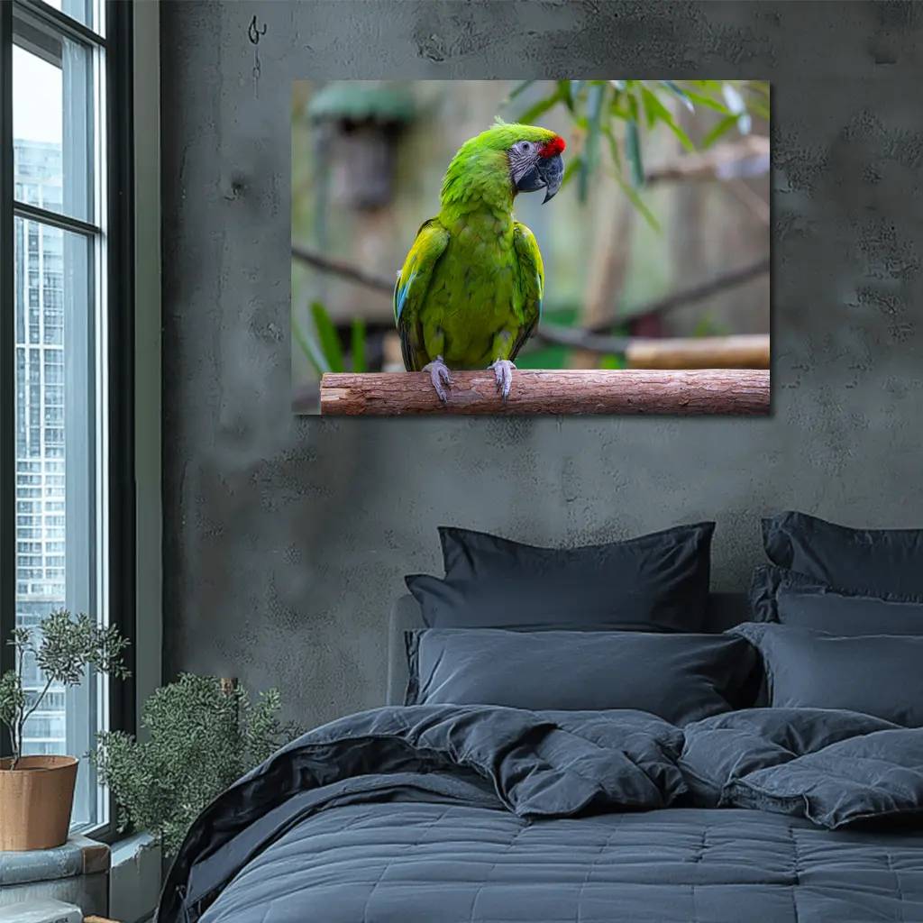 Green Macaw Parrot Perched On Branch – Wall Art