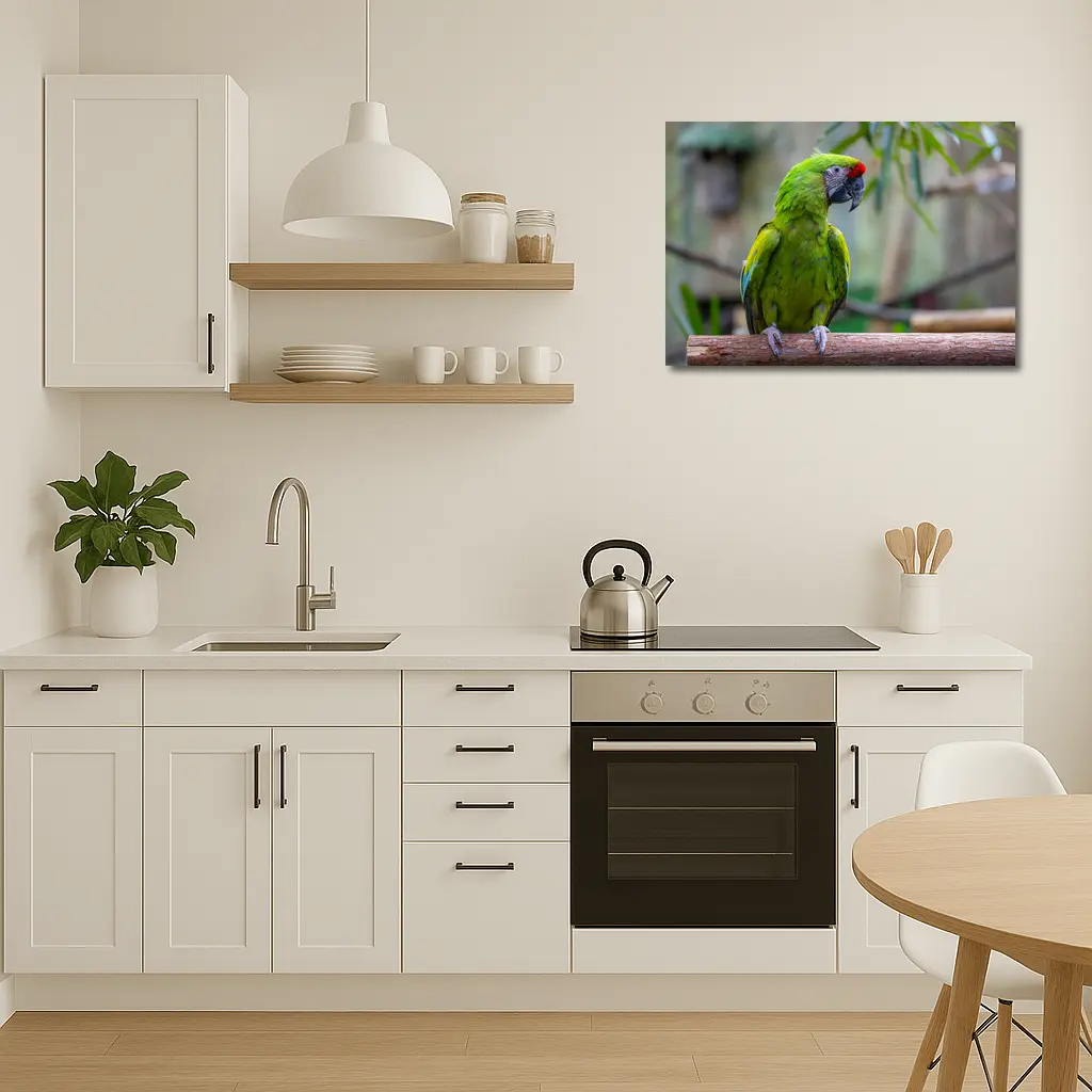Green Macaw Parrot Perched On Branch – Wall Art