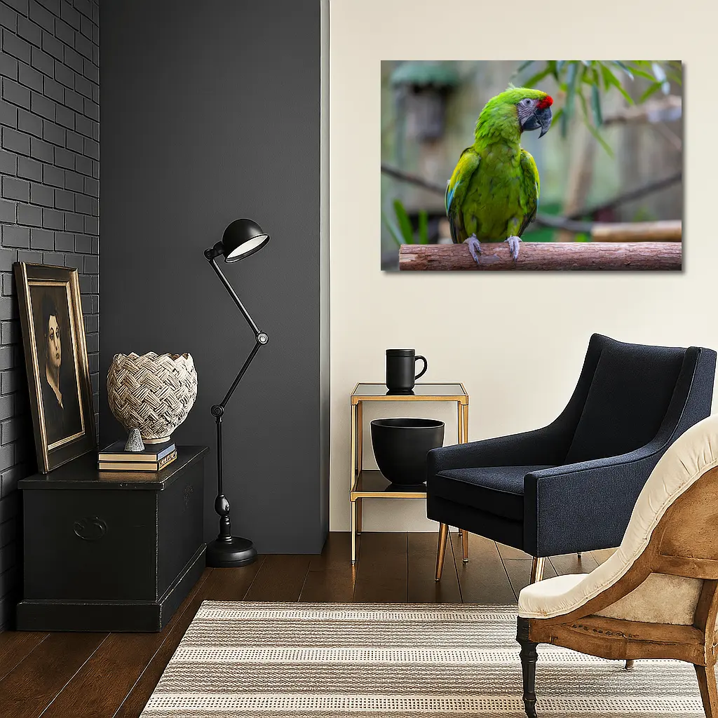 Green Macaw Parrot Perched On Branch – Wall Art