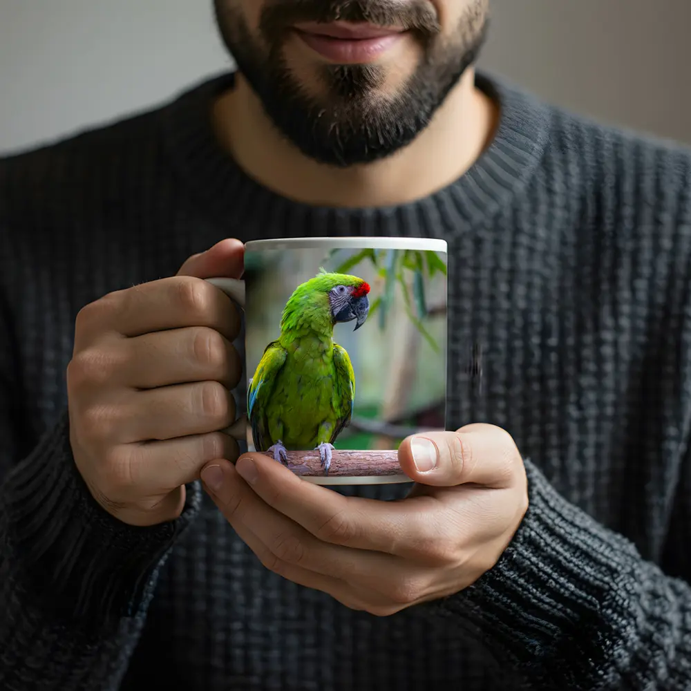 Green Macaw Parrot Perched On Branch – Mugs