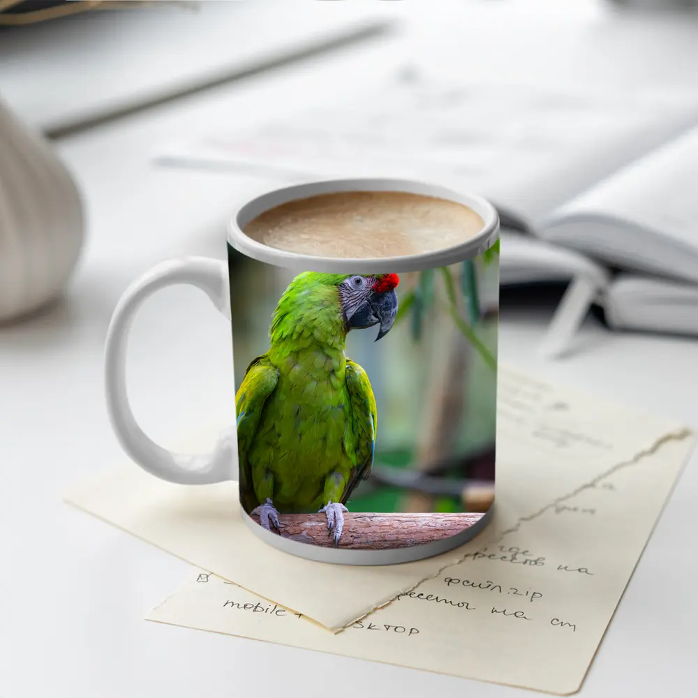 Green Macaw Parrot Perched On Branch – Mugs