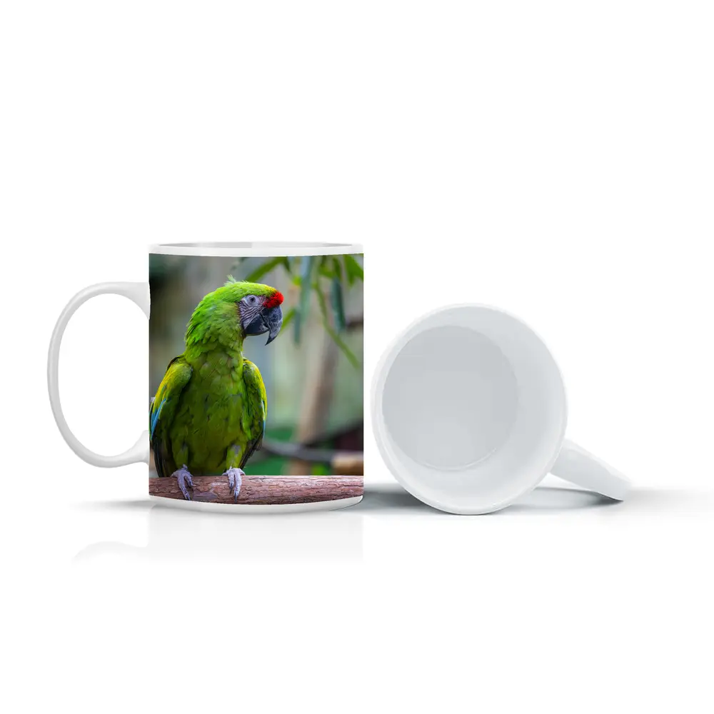 Green Macaw Parrot Perched On Branch – Mugs