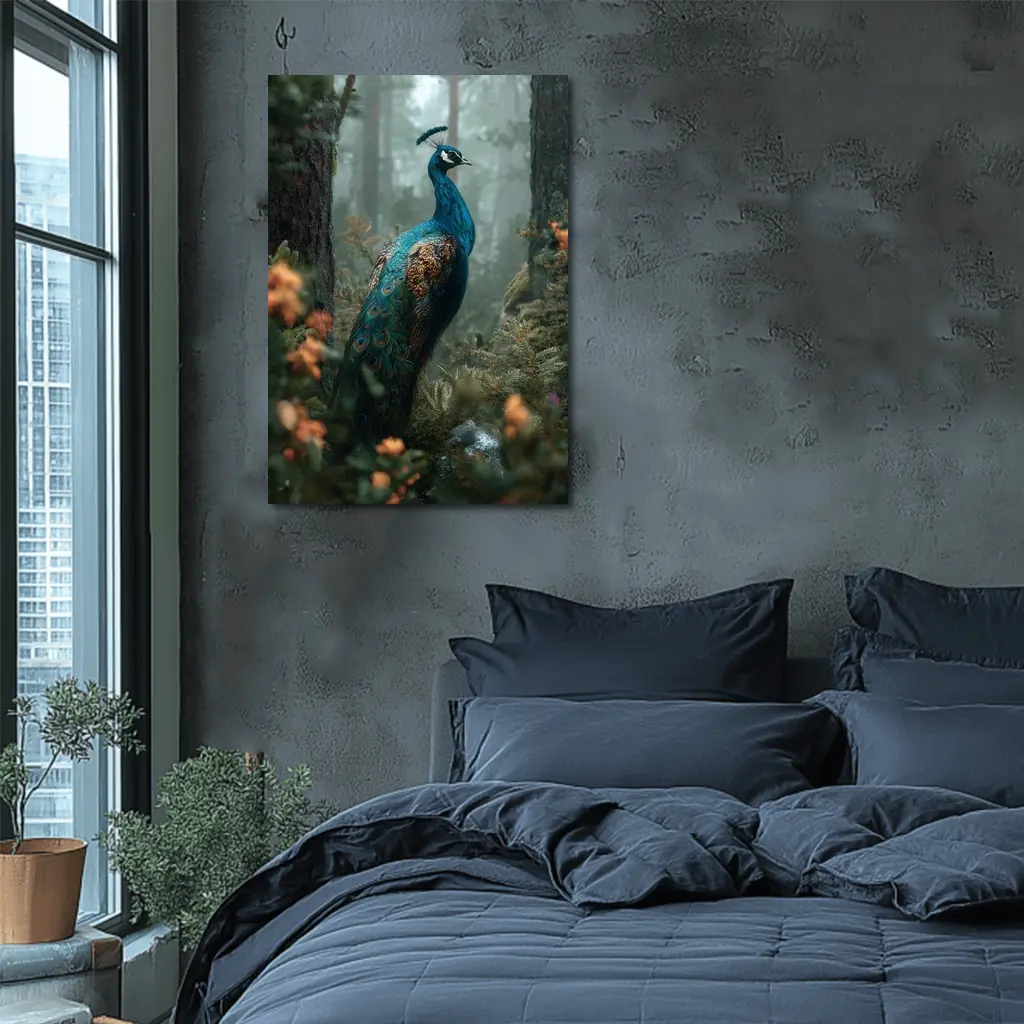 Peacock Standing In Misty Forest – Wall Art