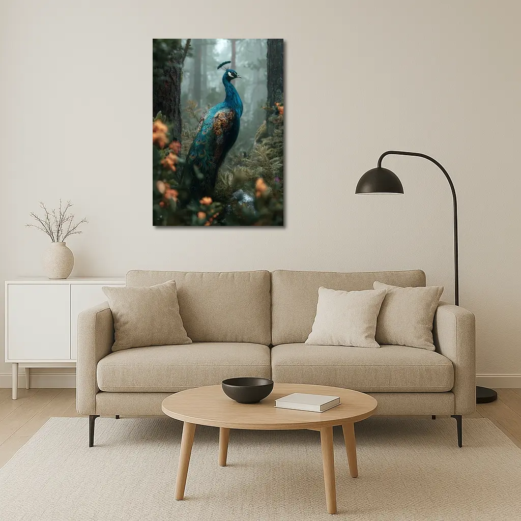 Peacock Standing In Misty Forest – Wall Art
