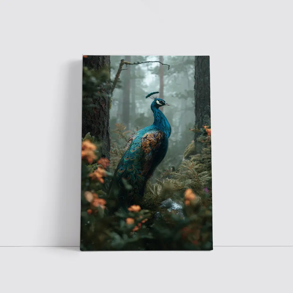 Peacock Standing In Misty Forest – Wall Art