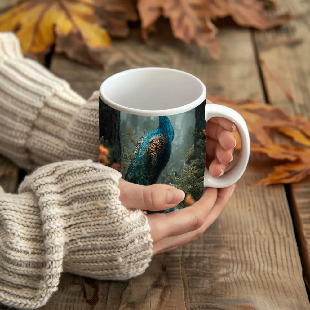 Peacock Standing In Misty Forest – Mugs