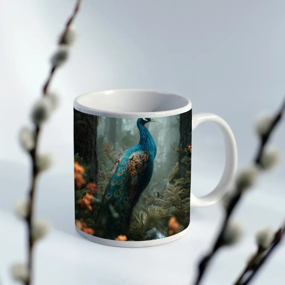 Peacock Standing In Misty Forest – Mugs