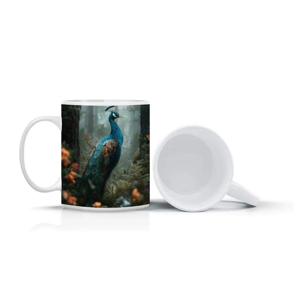 Peacock Standing In Misty Forest – Mugs