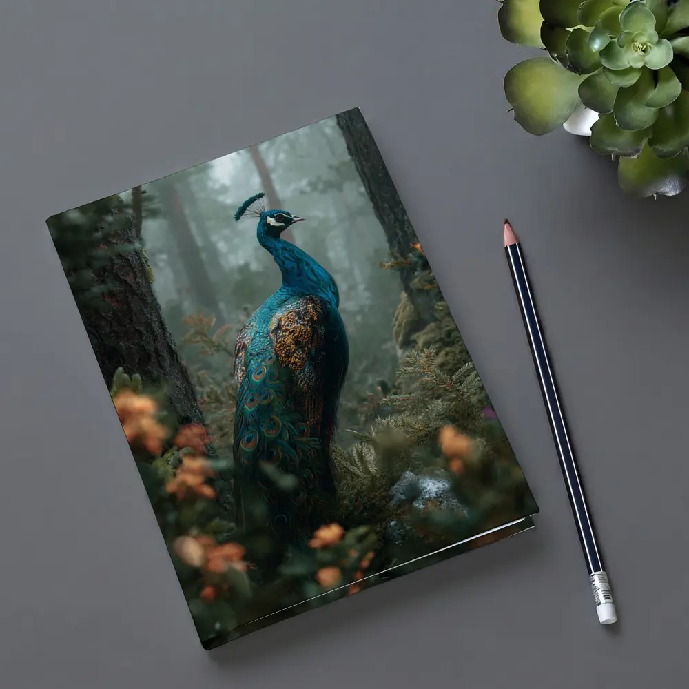 Peacock Standing In Misty Forest – Notebooks