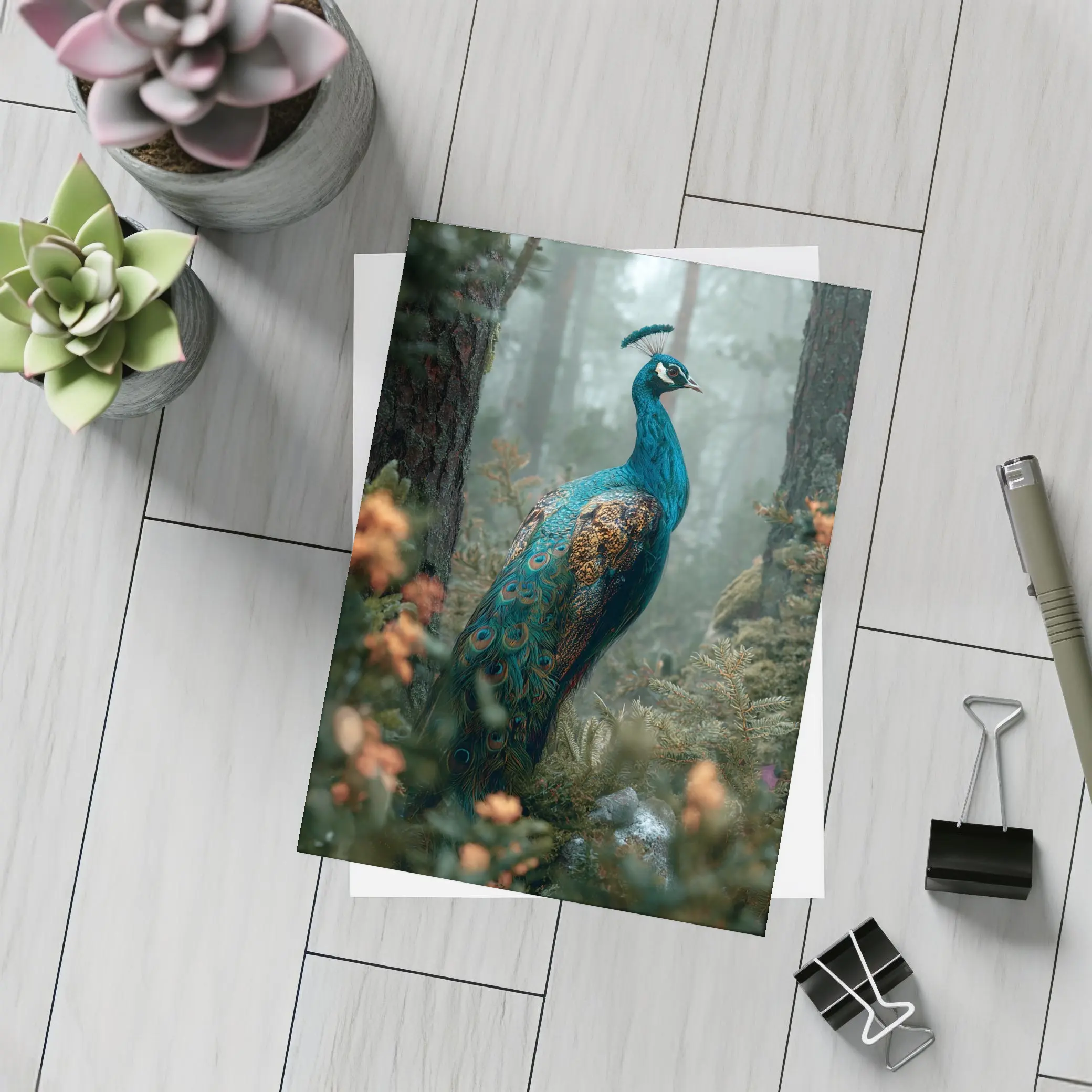 Peacock Standing In Misty Forest – Postcards