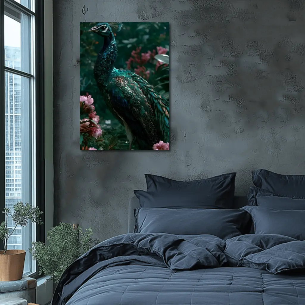 Peacock Standing Among Pink Garden Flowers – Wall Art