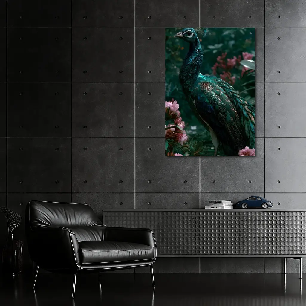 Peacock Standing Among Pink Garden Flowers – Wall Art