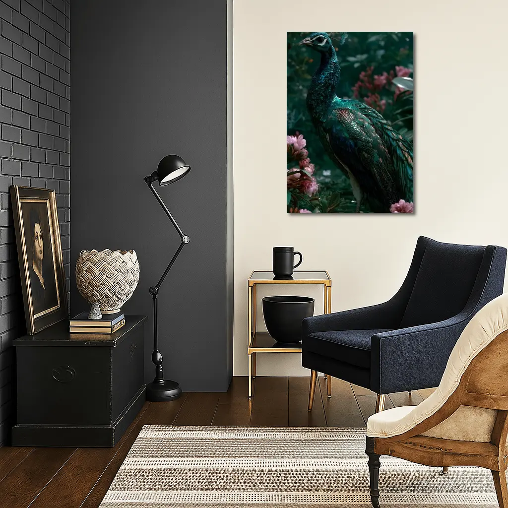Peacock Standing Among Pink Garden Flowers – Wall Art