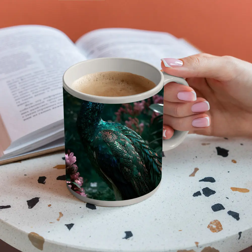 Peacock Standing Among Pink Garden Flowers – Mugs