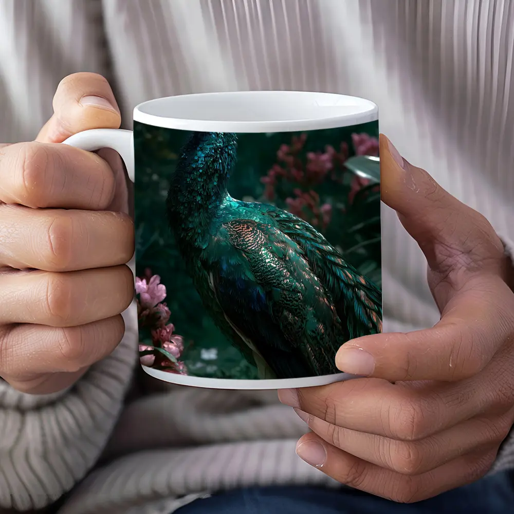 Peacock Standing Among Pink Garden Flowers – Mugs