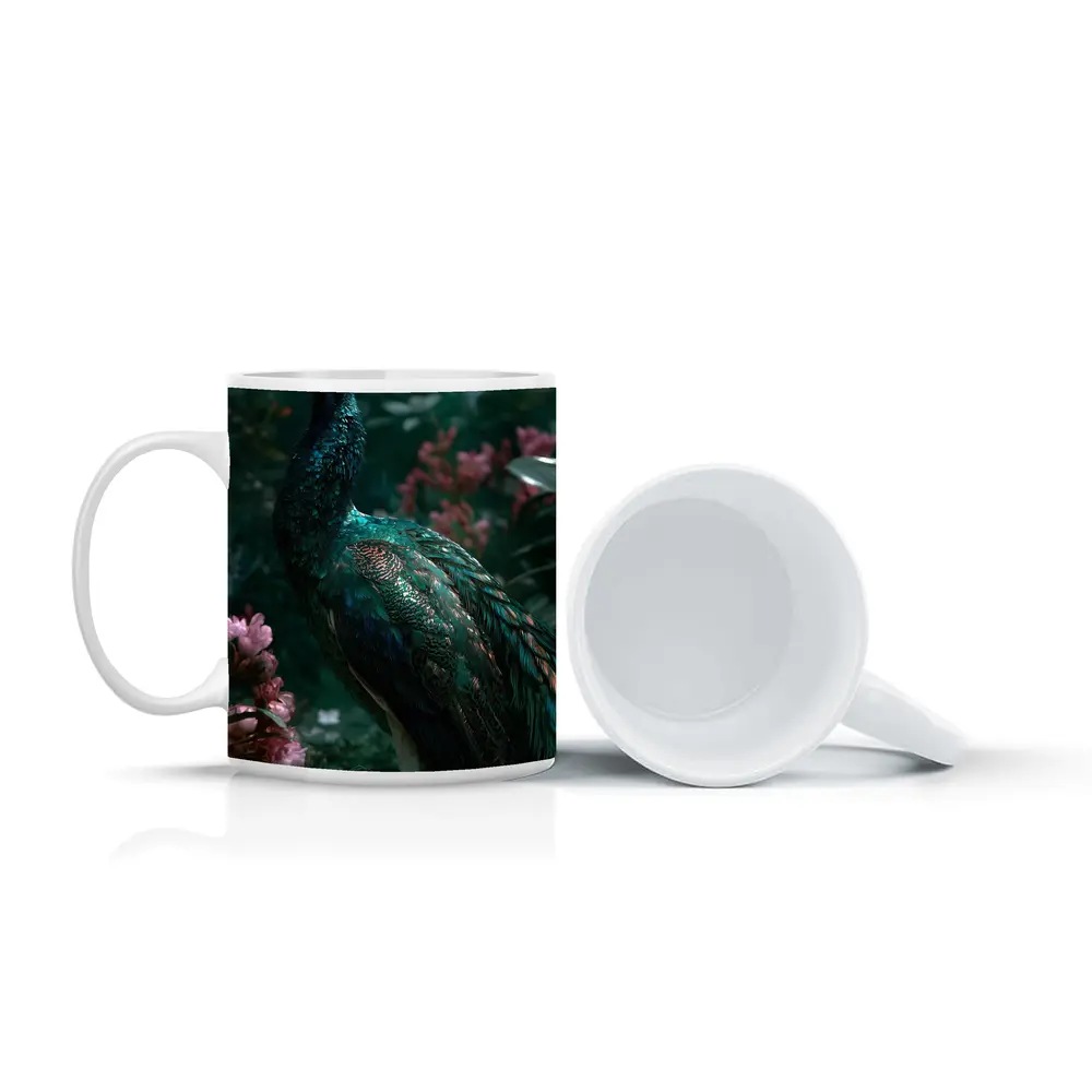 Peacock Standing Among Pink Garden Flowers – Mugs