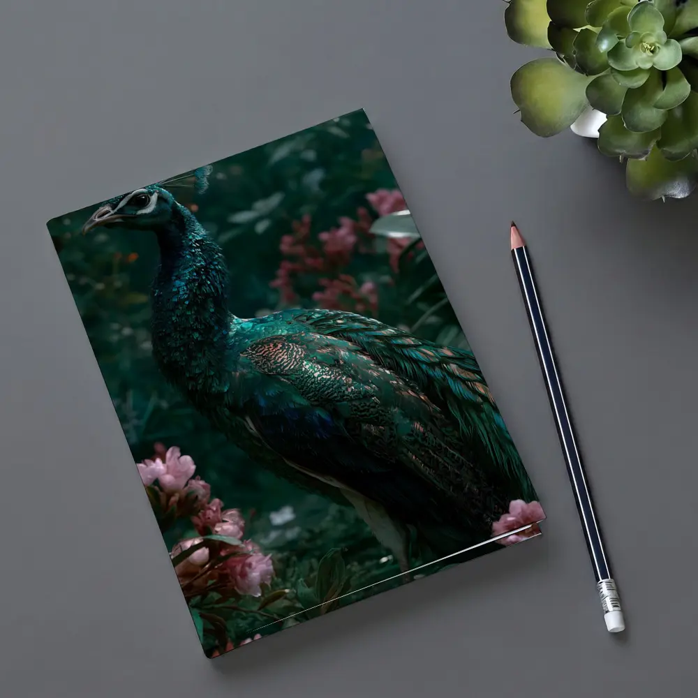 Peacock Standing Among Pink Garden Flowers – Notebooks
