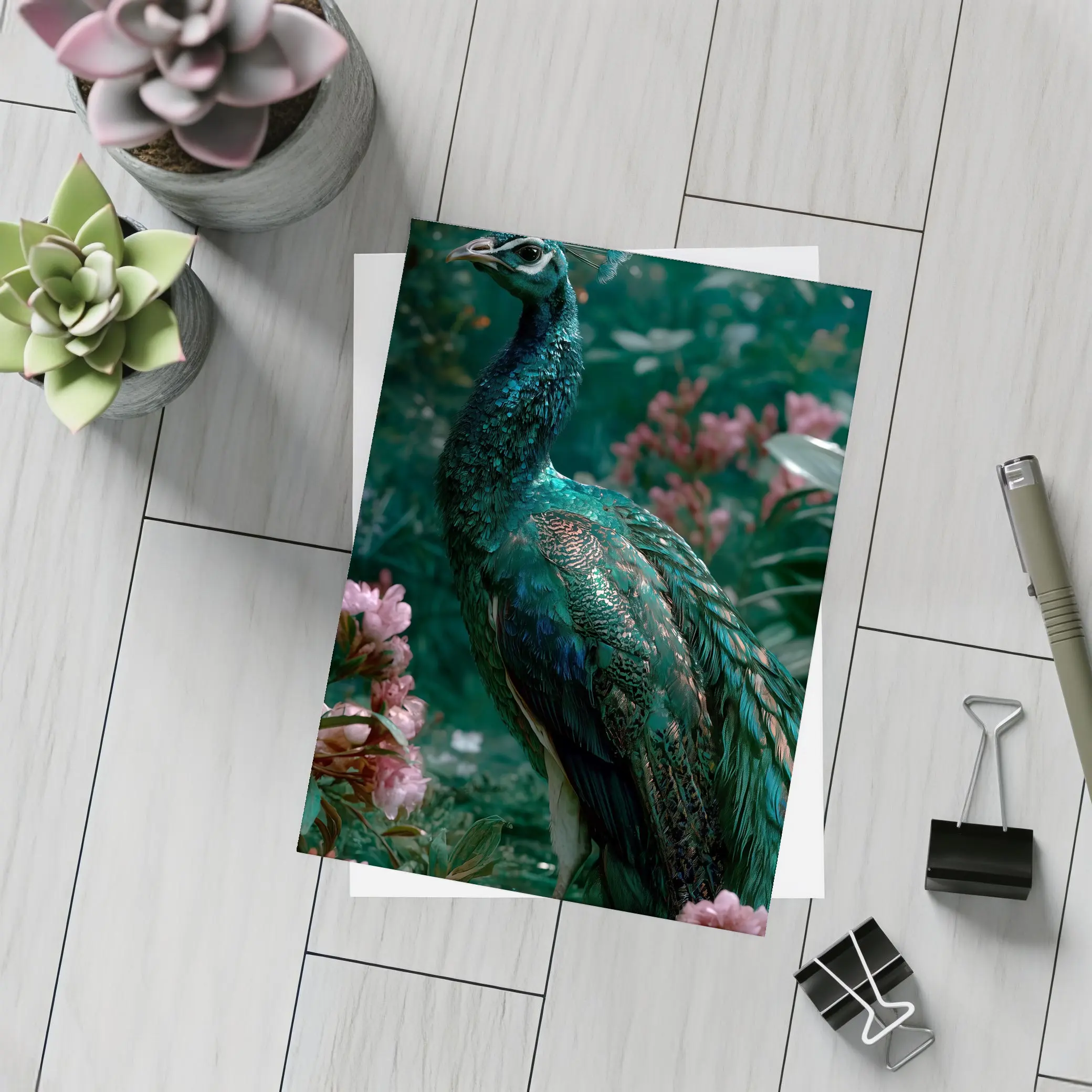 Peacock Standing Among Pink Garden Flowers – Postcards