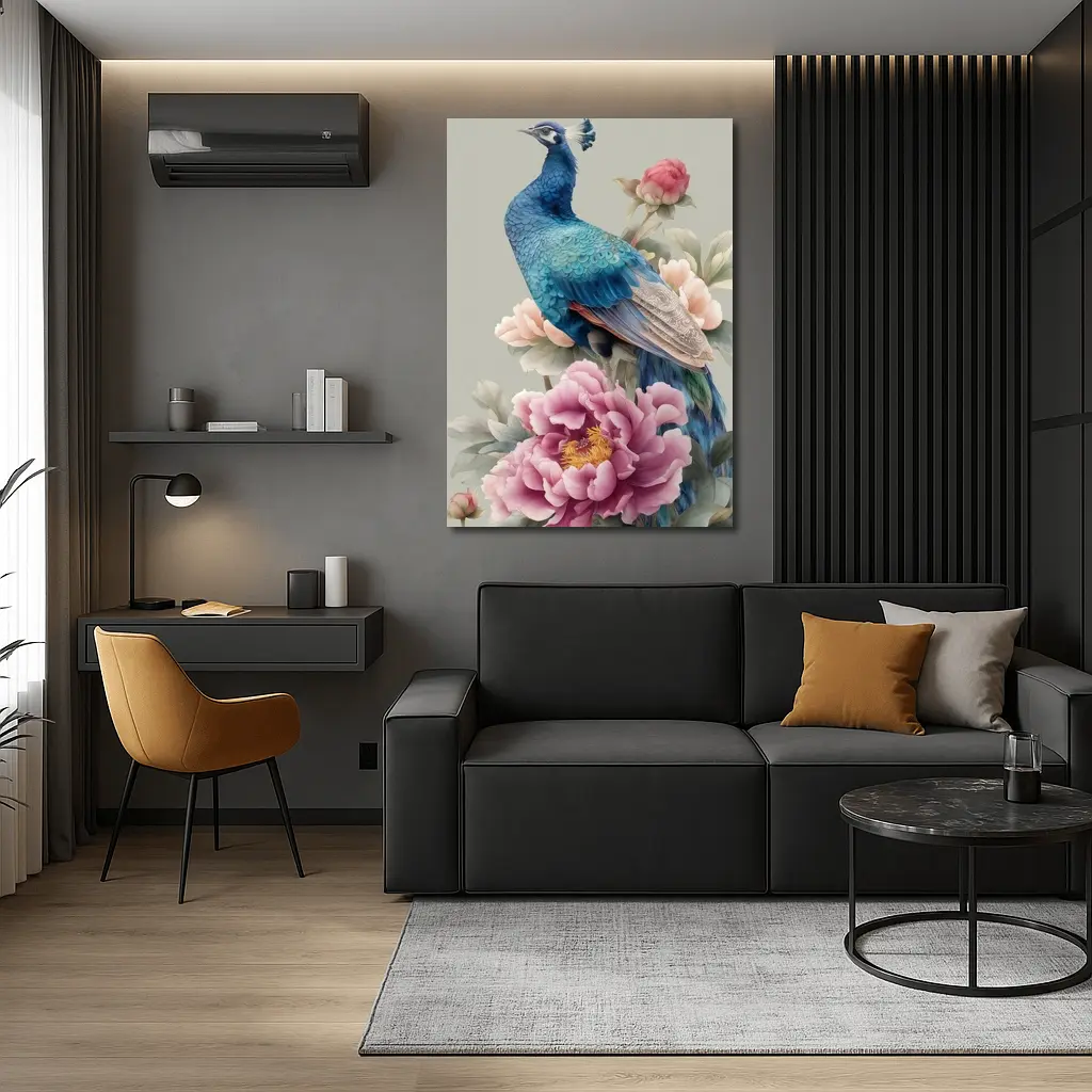 Blue Peacock With Pink Peonies Floral Art – Wall Art