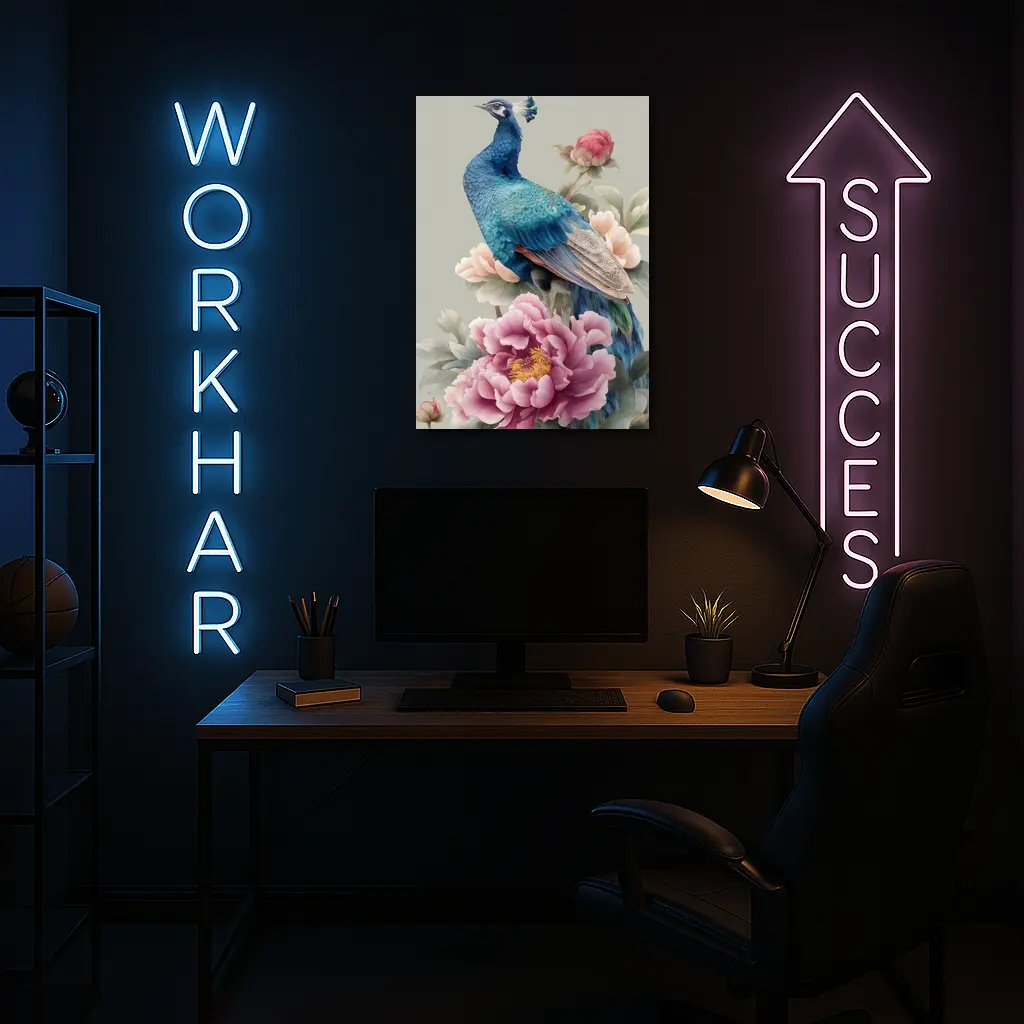 Blue Peacock With Pink Peonies Floral Art – Wall Art