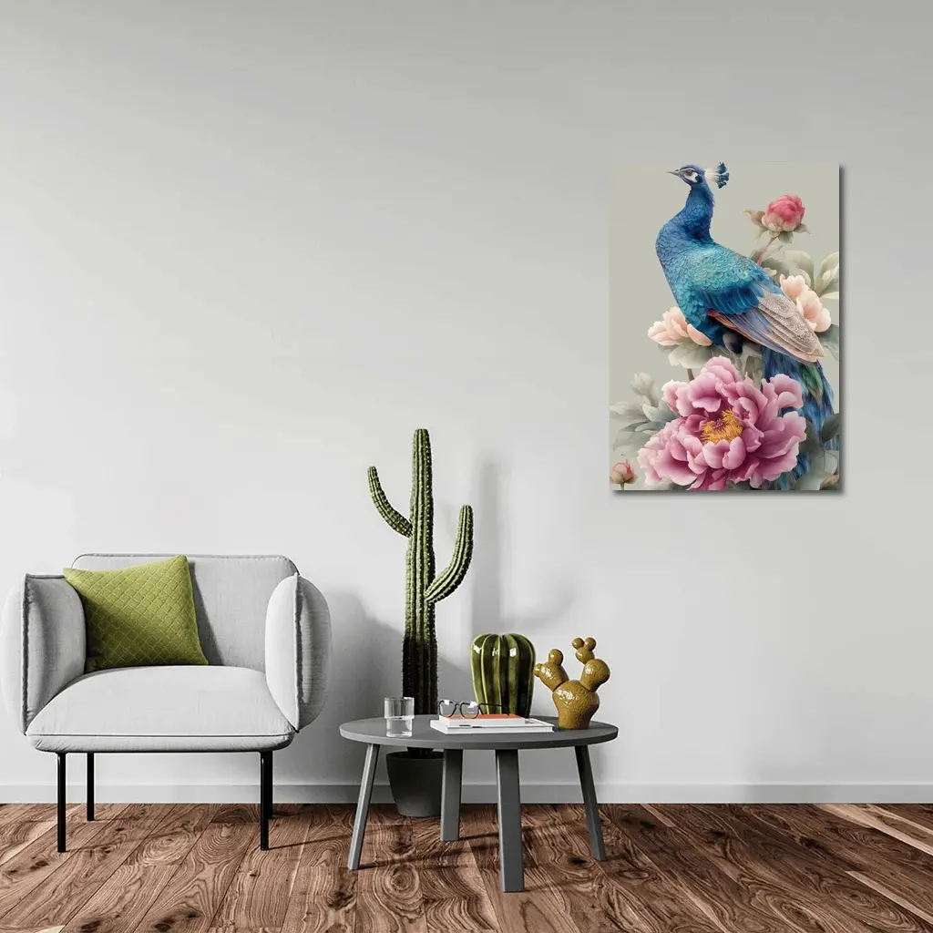 Blue Peacock With Pink Peonies Floral Art – Wall Art
