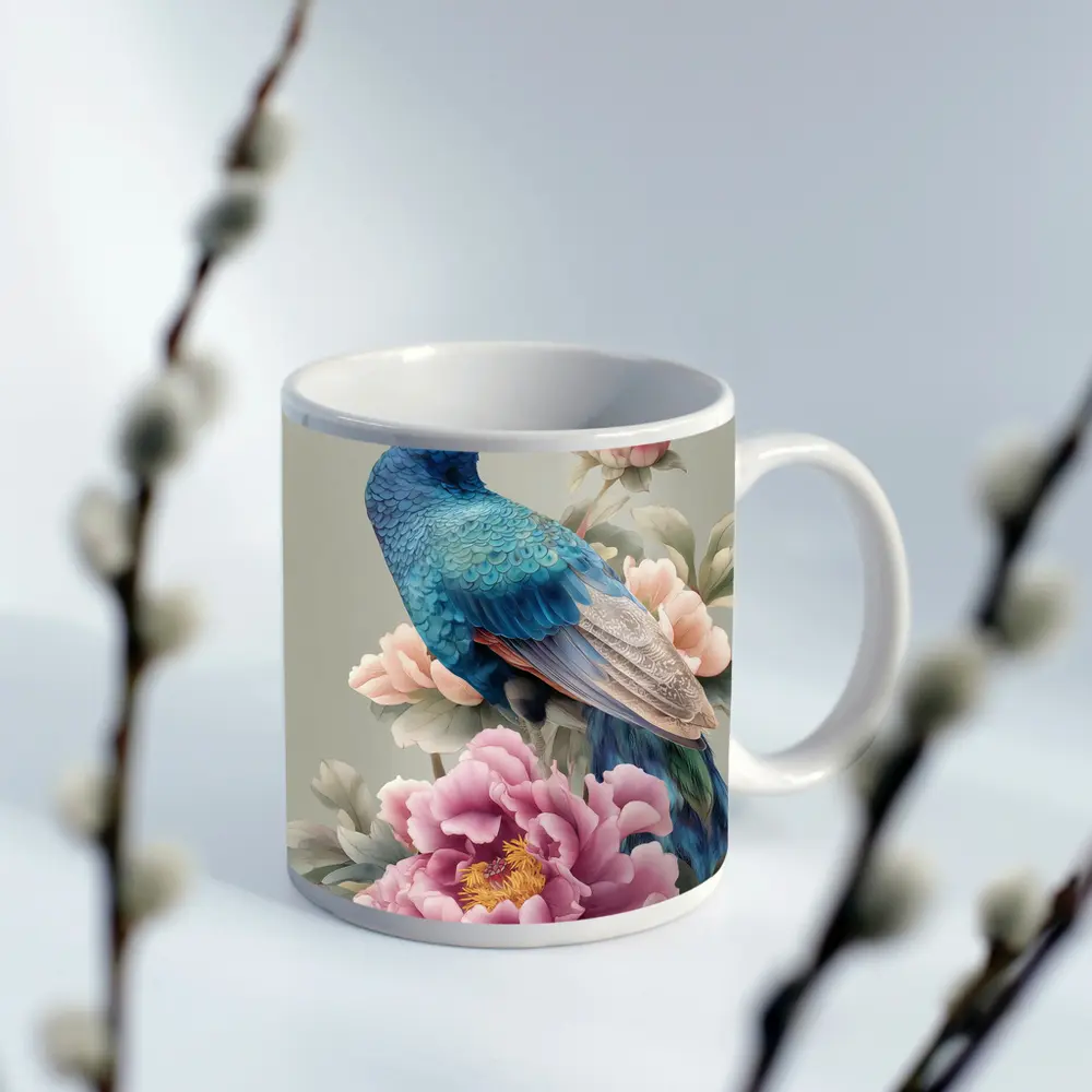 Blue Peacock With Pink Peonies Floral Art – Mugs