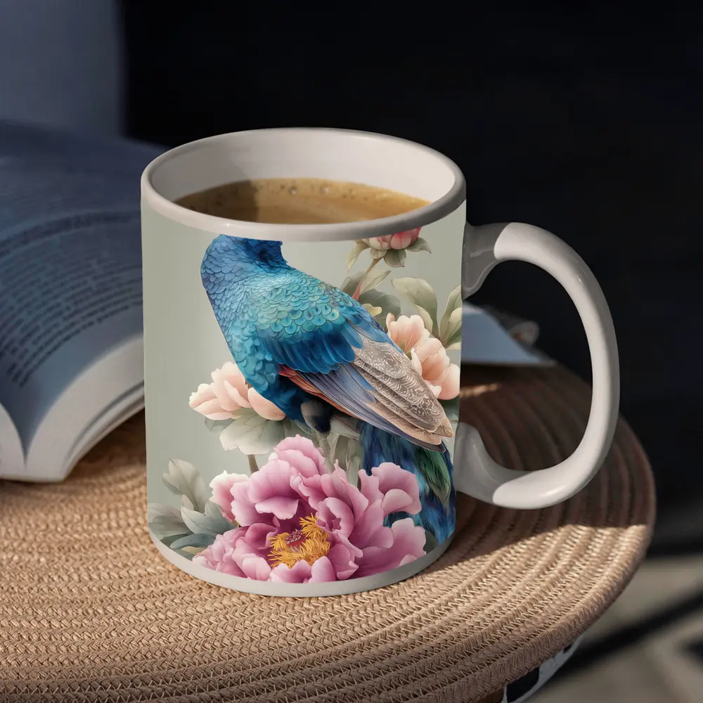 Blue Peacock With Pink Peonies Floral Art – Mugs