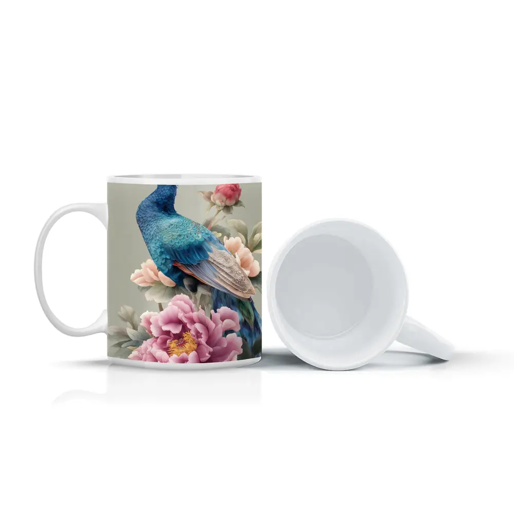 Blue Peacock With Pink Peonies Floral Art – Mugs