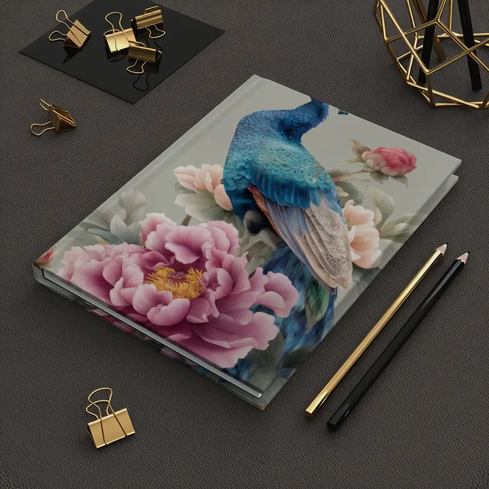Blue Peacock With Pink Peonies Floral Art – Notebooks