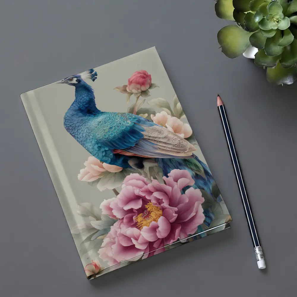 Blue Peacock With Pink Peonies Floral Art – Notebooks