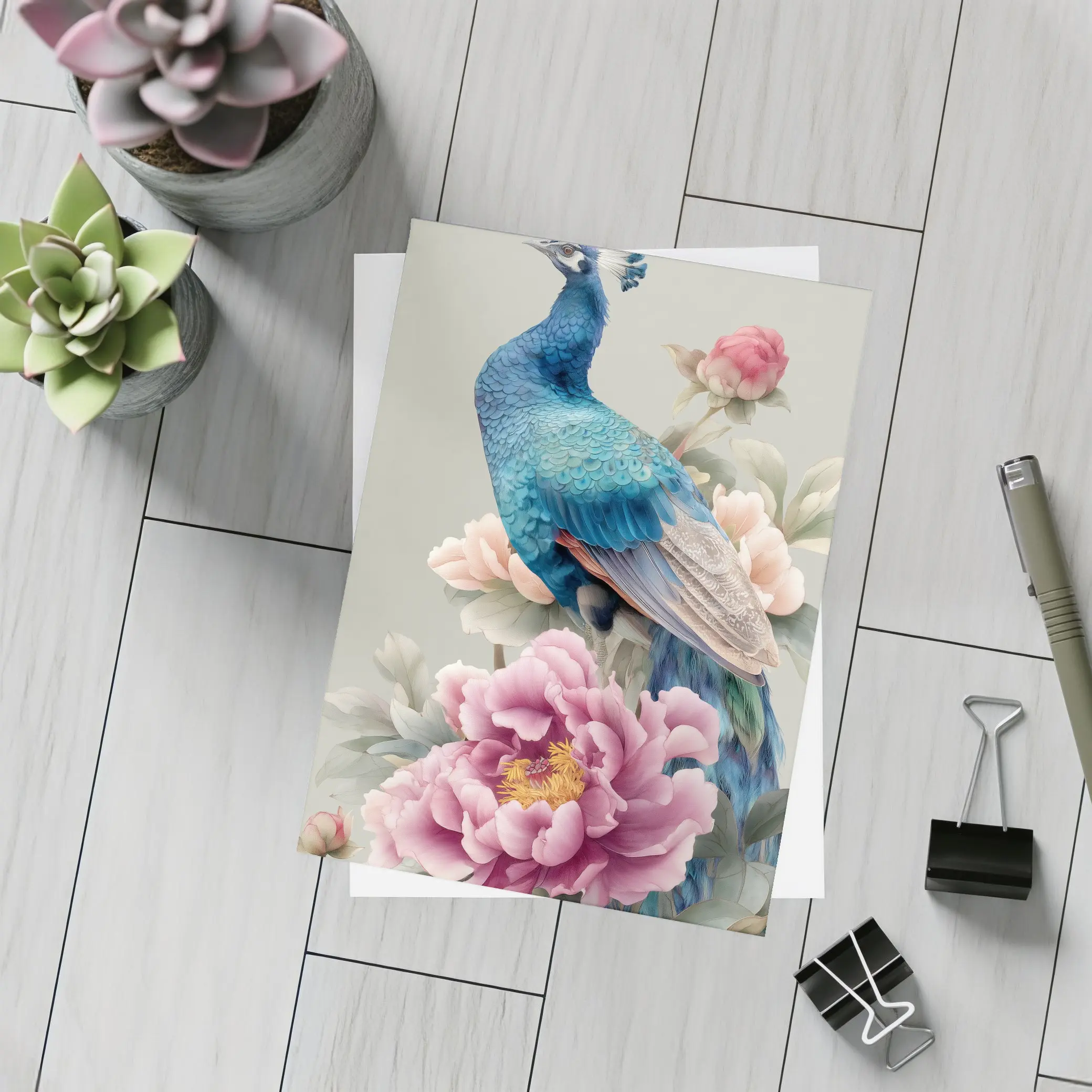 Blue Peacock With Pink Peonies Floral Art – Postcards