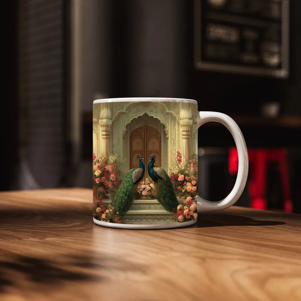 Two Peacocks Mughal Arch Floral Garden – Mugs