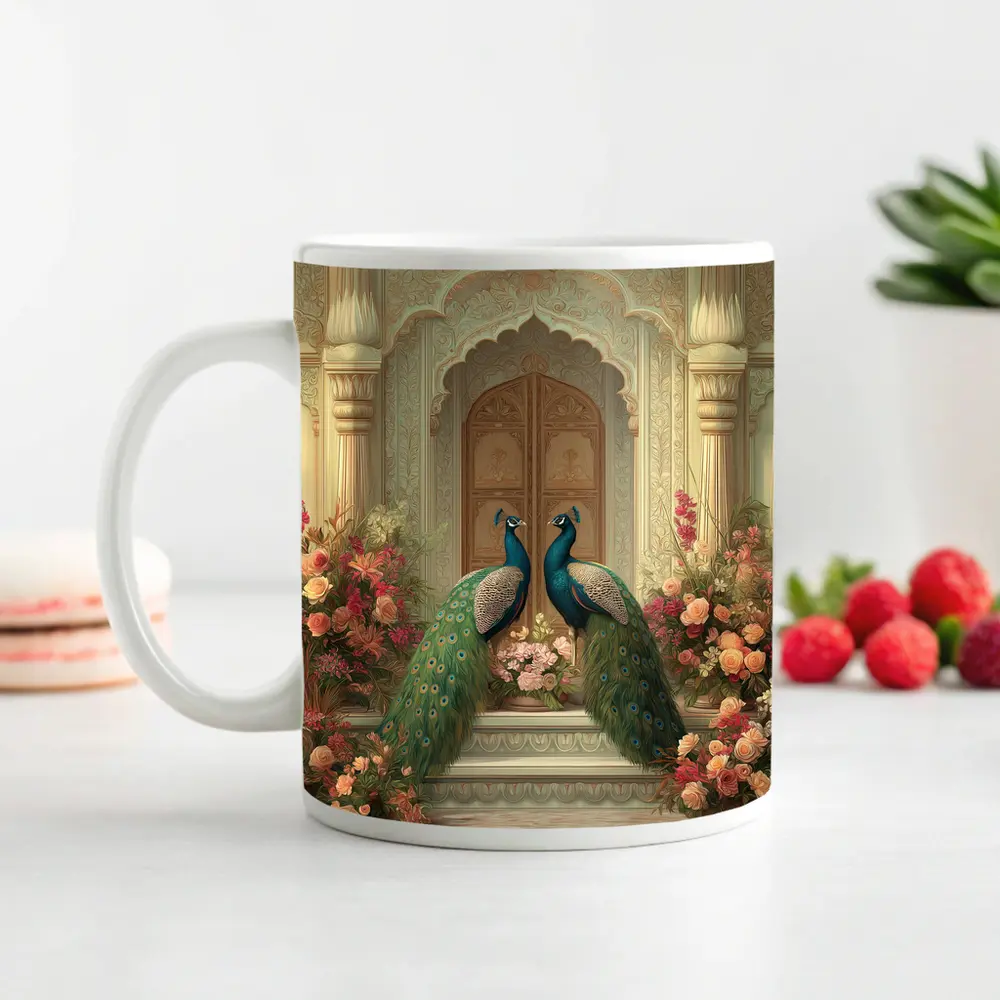 Two Peacocks Mughal Arch Floral Garden – Mugs