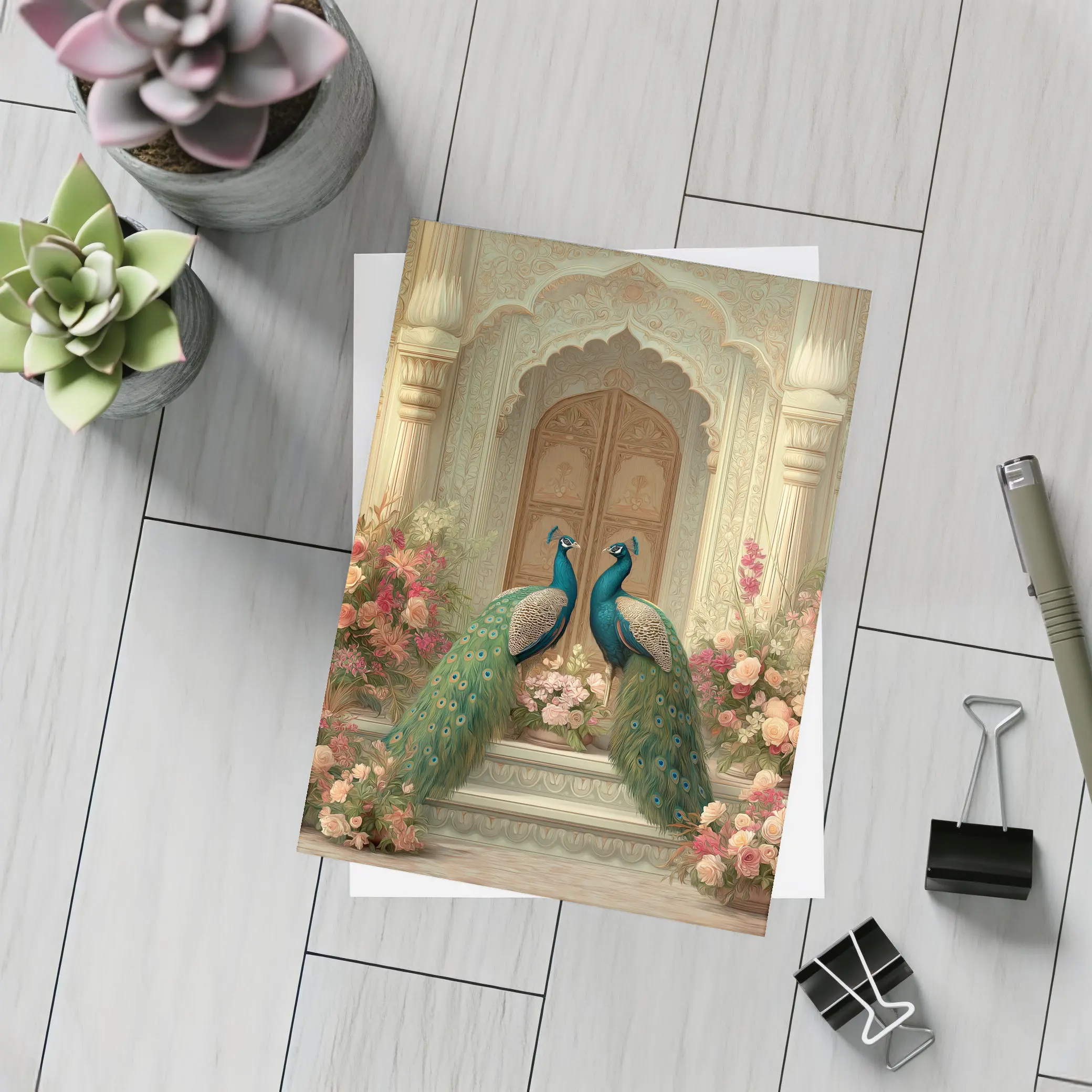 Two Peacocks Mughal Arch Floral Garden – Postcards