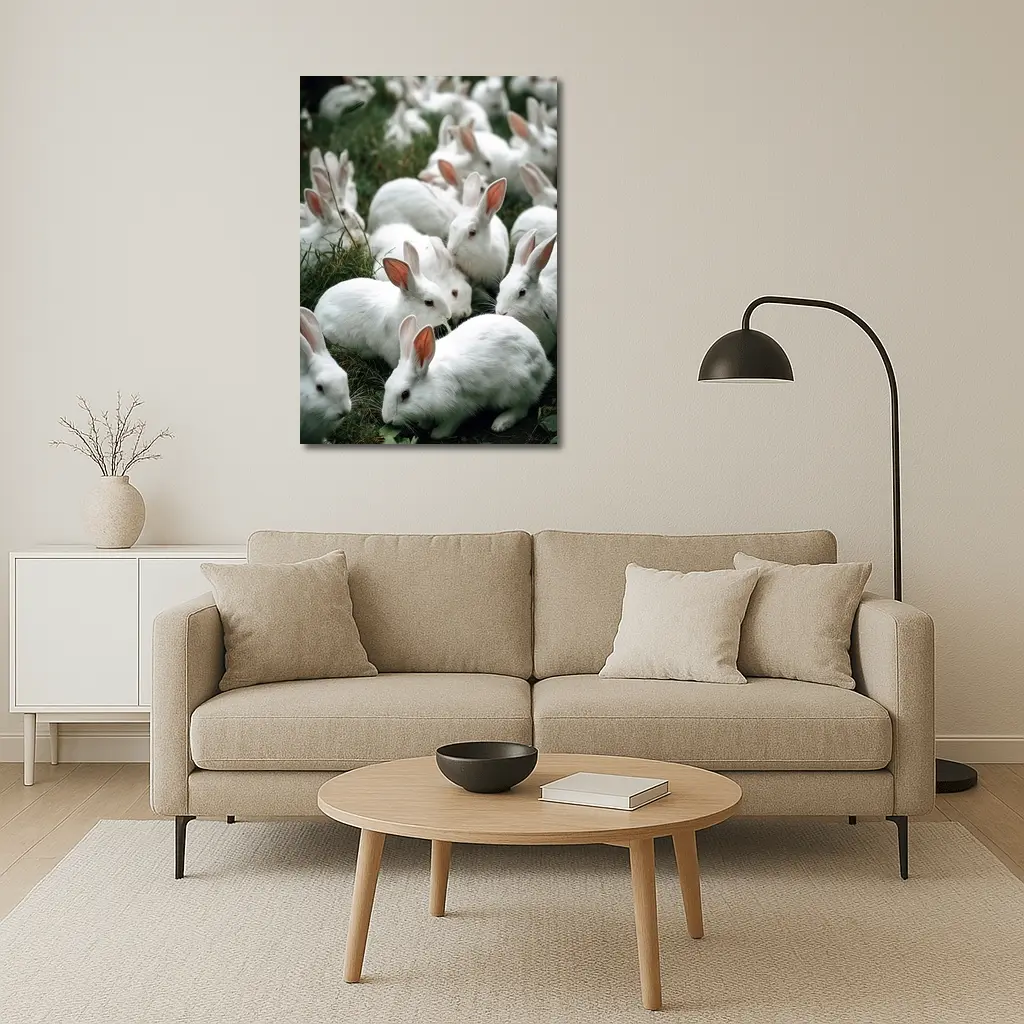 White Rabbits Grazing on Green Grass – Wall Art