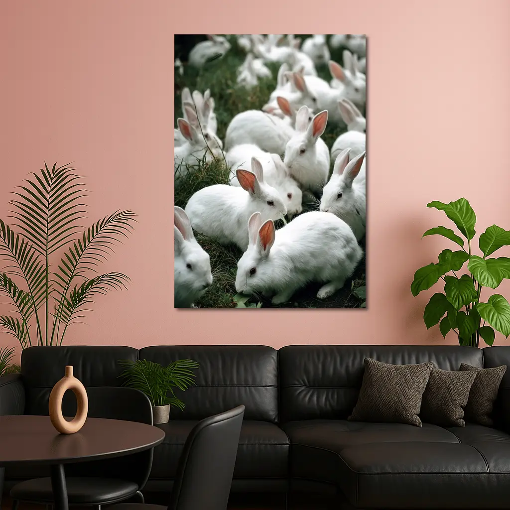 White Rabbits Grazing on Green Grass – Wall Art
