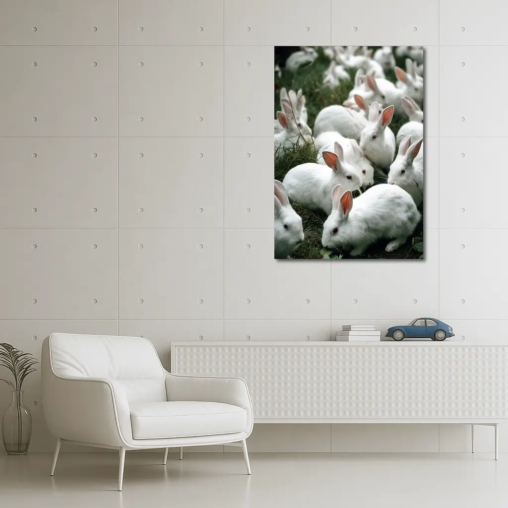 White Rabbits Grazing on Green Grass – Wall Art