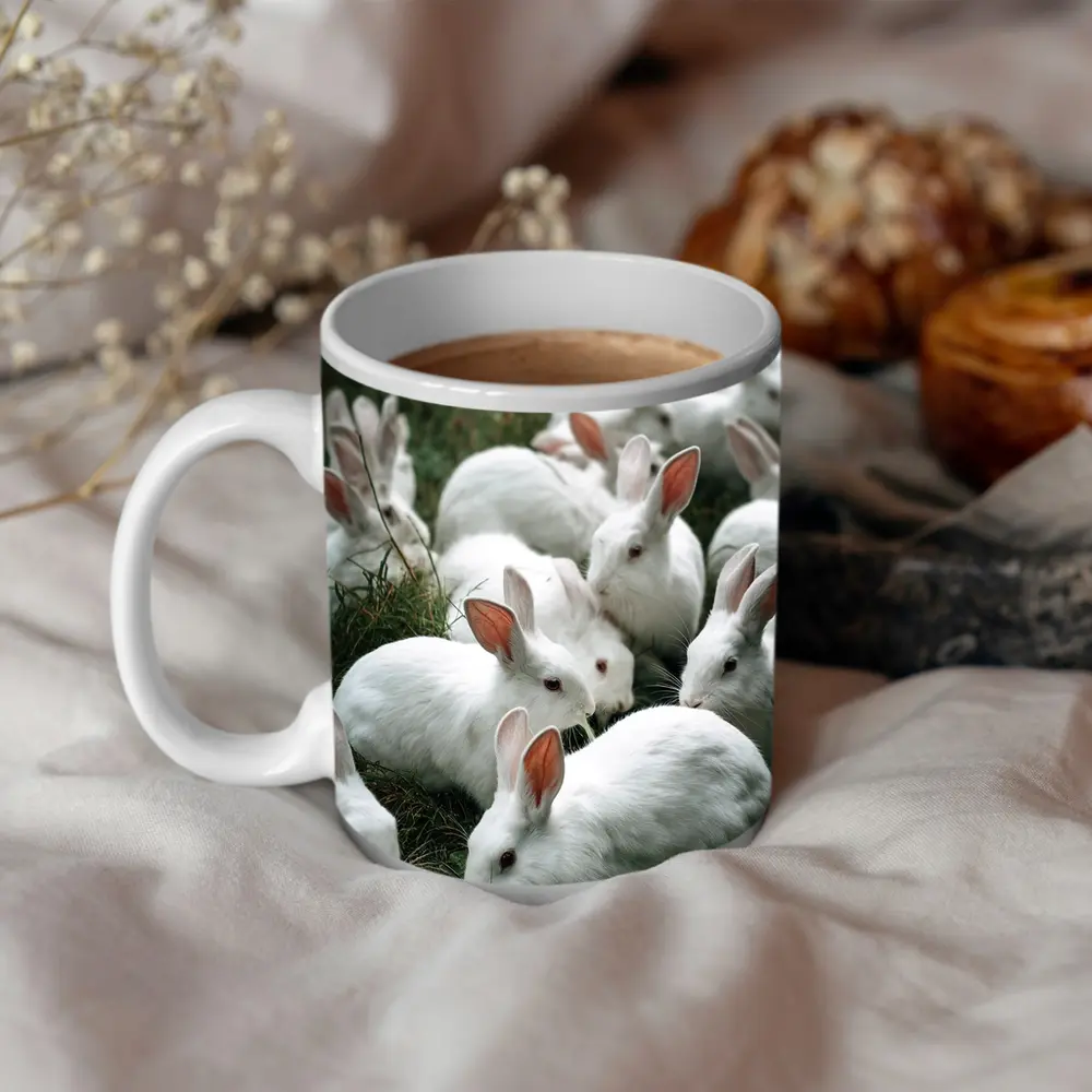 White Rabbits Grazing on Green Grass – Mugs