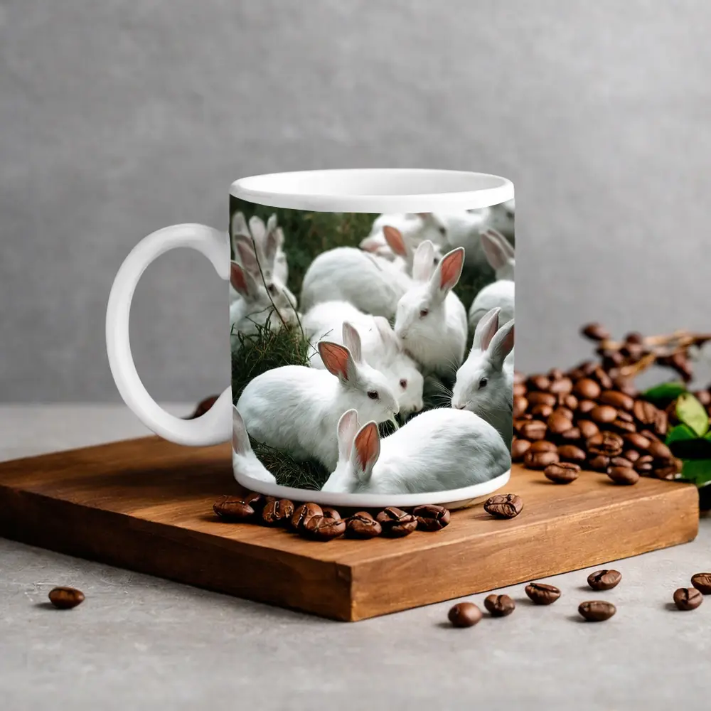 White Rabbits Grazing on Green Grass – Mugs