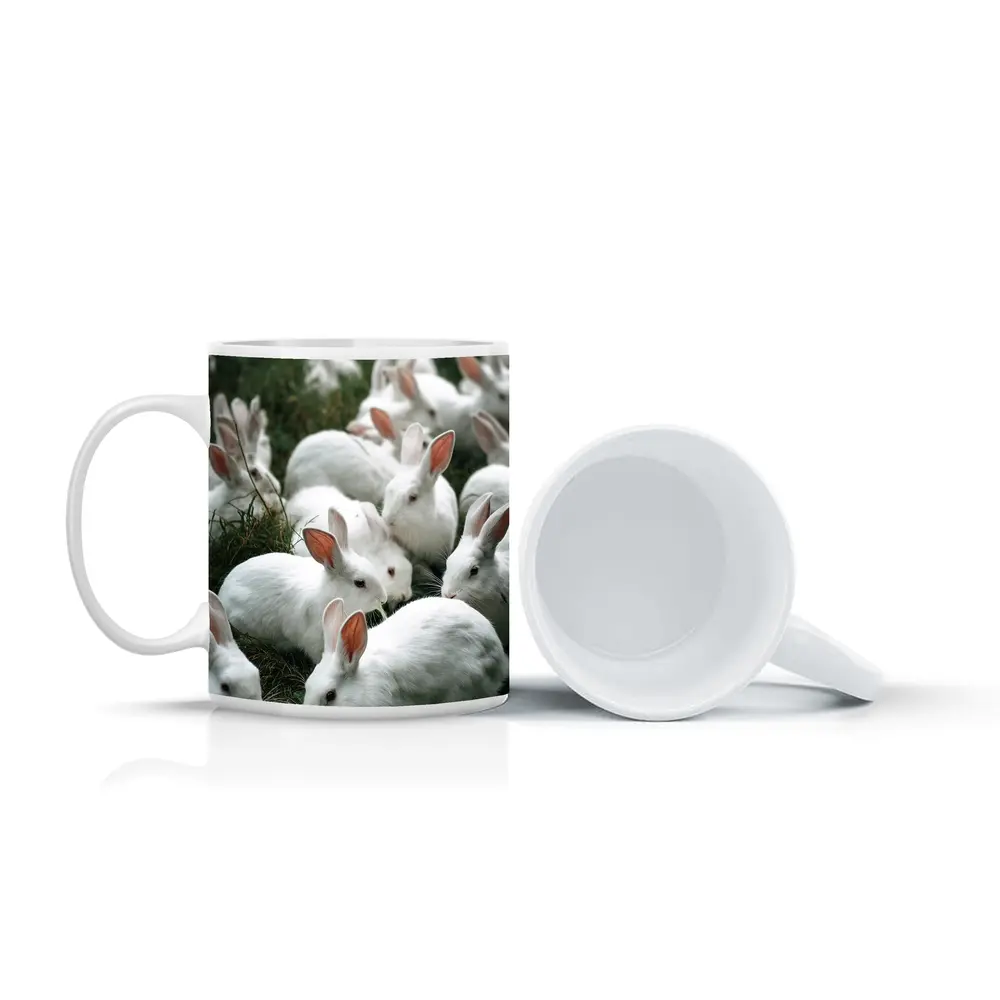 White Rabbits Grazing on Green Grass – Mugs