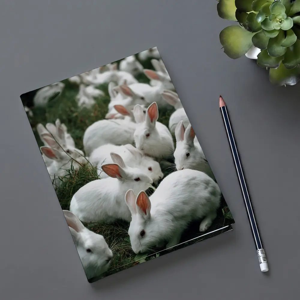 White Rabbits Grazing on Green Grass – Notebooks