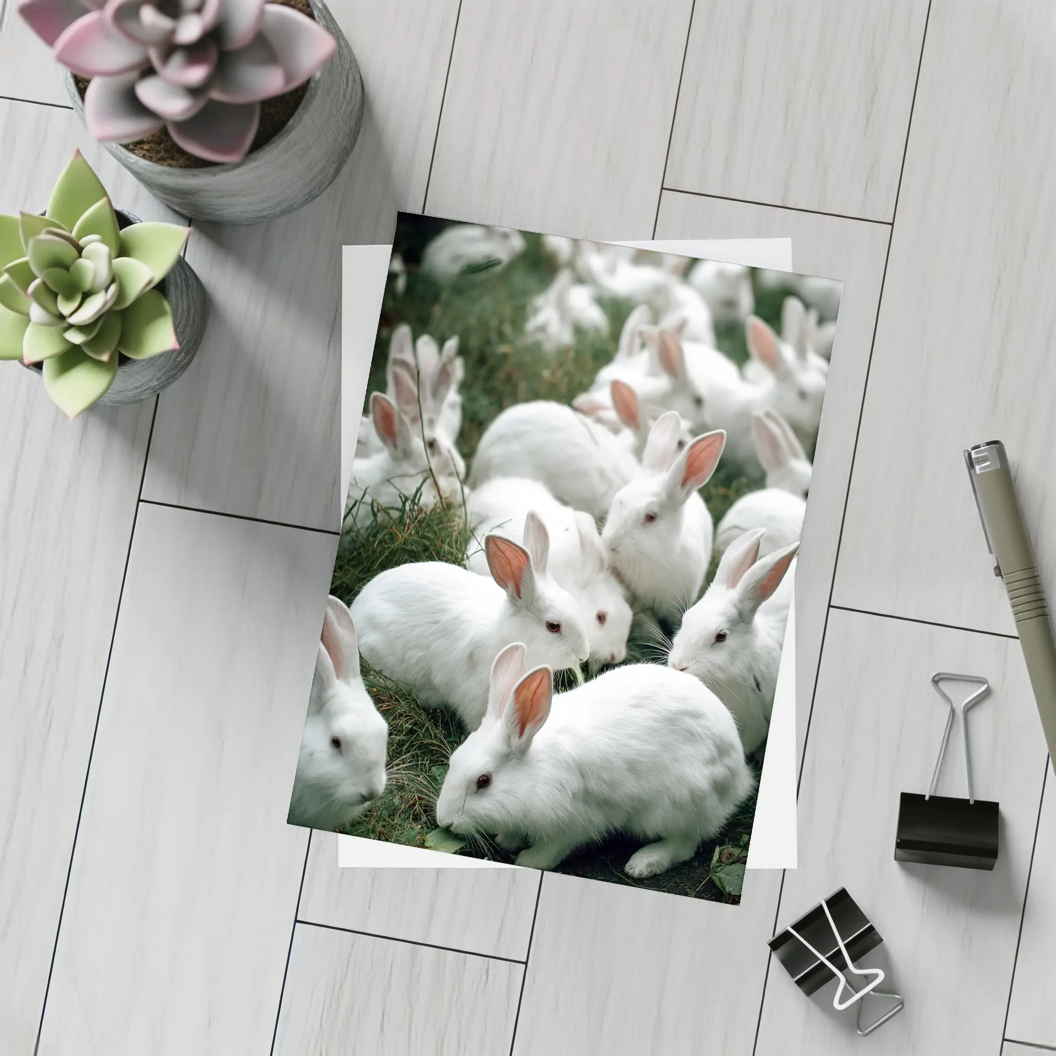 White Rabbits Grazing on Green Grass – Postcards