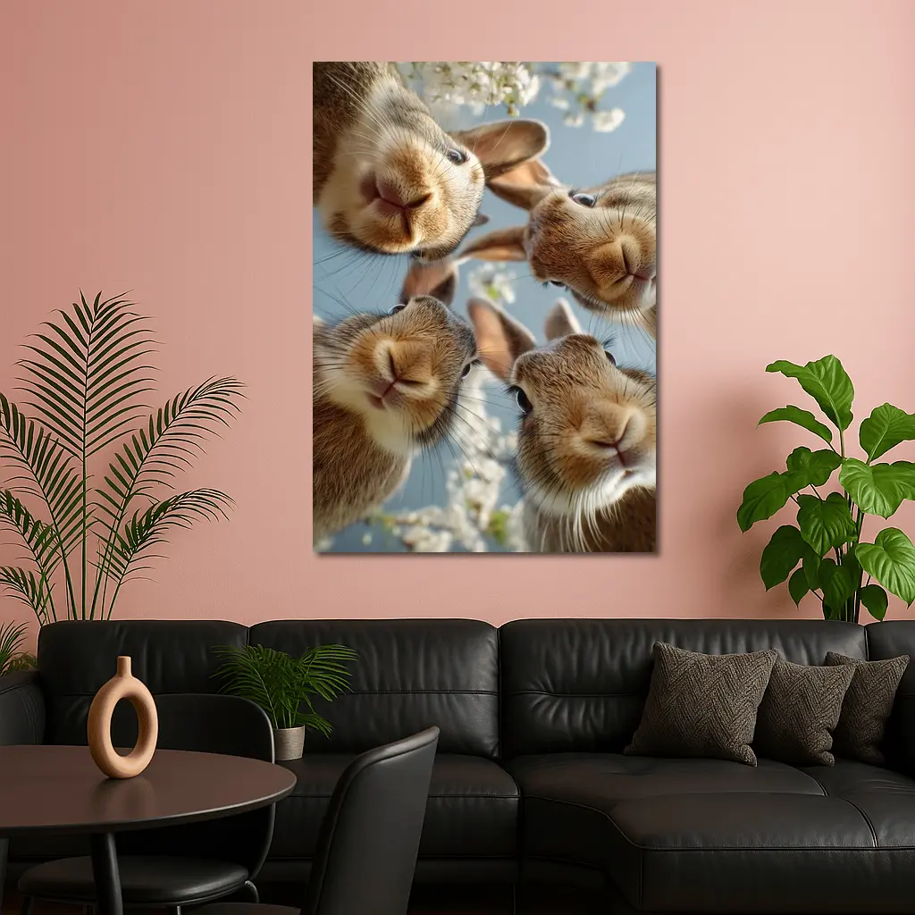 Four Rabbits Close Up Spring Blossoms – Wall Art