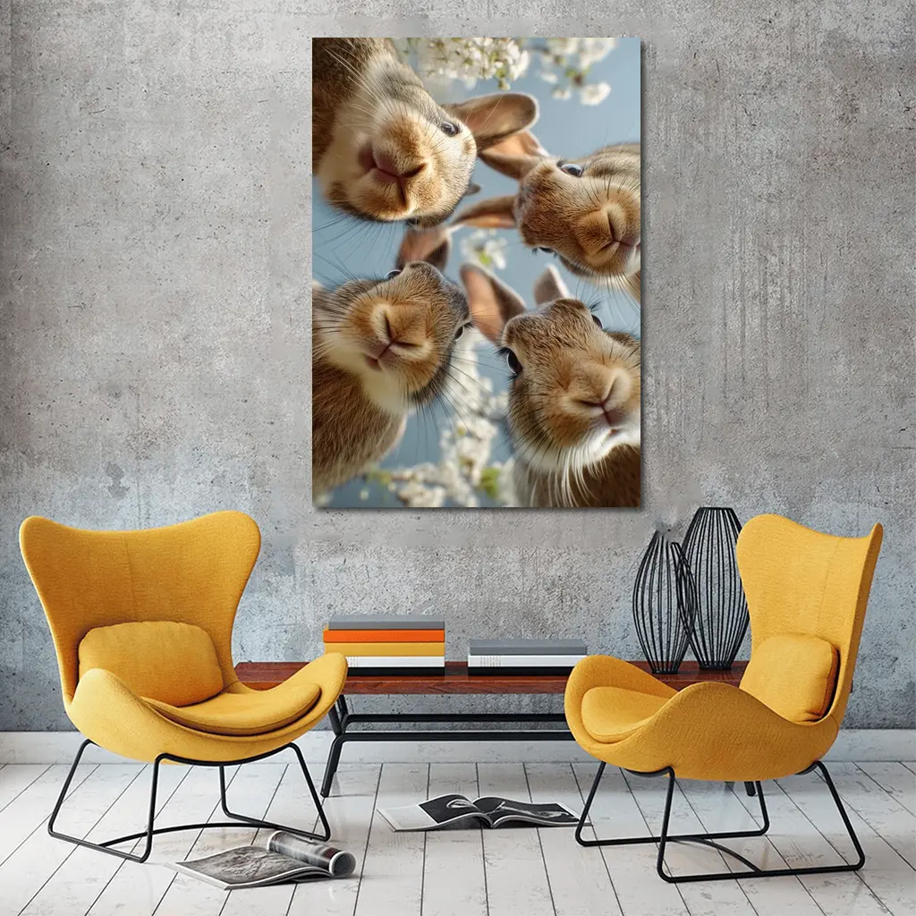 Four Rabbits Close Up Spring Blossoms – Wall Art